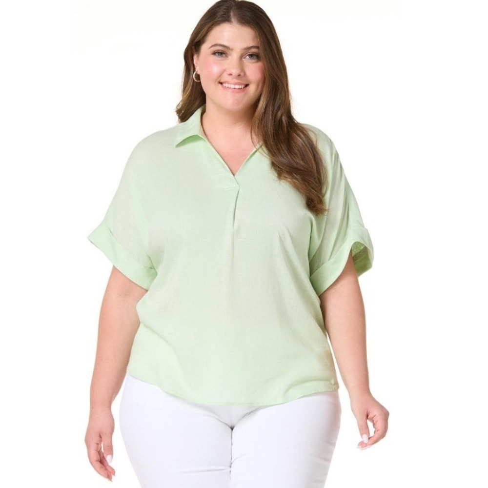 Woman Mint Green Linen Blend Top Short Sleeve‎ Back Button Plus Size 18/20W